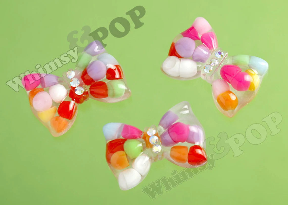 Kawaii Bow Cabochon, Candy Dot Translucent Clear Resin Bows C2-10
