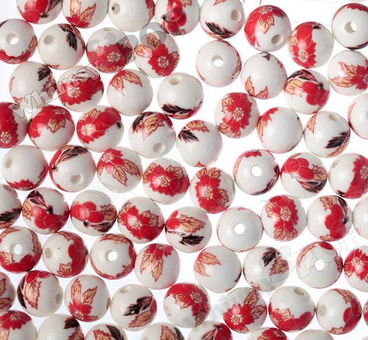 Red & White Porcelain Round Beads, Colorful Flower Beads, 8mm, 10mm, or 12mm