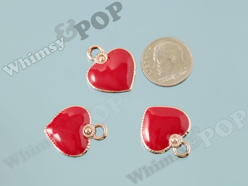 Gold Tone Red Enamel Puffy Heart Charms, 21mm x 18mm (6-5J)