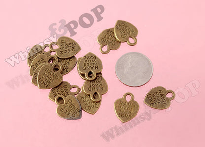 Antique Bronze Heart Shaped Hand Made With Love Tag Charms, 15mm (R10-014)