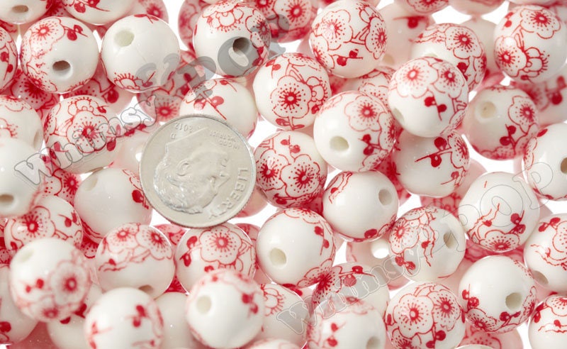 Red Poppy Floral Porcelain Round Beads, Porcelain Beads, Flower Patterned Beads, 12mm, 2mm Hole (R10-011)