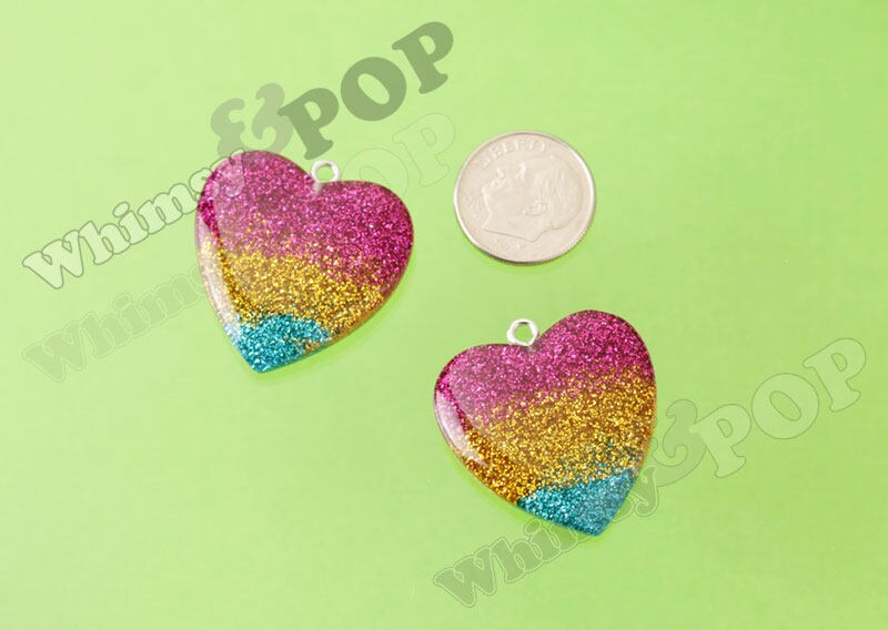 Glitter Heart Rainbow Pendants in a Pastel Rainbow Resin, 30mm