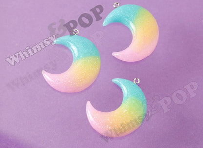 Resin Rainbow Glitter Crescent Moon Charm Pendant, 44mm