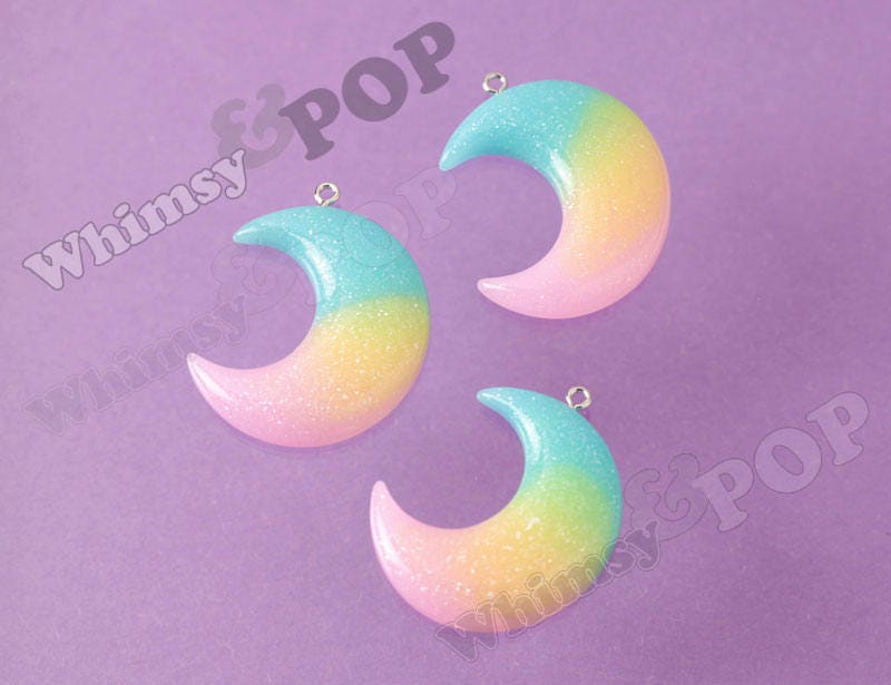 Resin Rainbow Glitter Crescent Moon Charm Pendant, 44mm