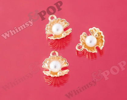3-D Silver and Gold Tone Beach Oyster Clam Shell Pearl Charm 15mm