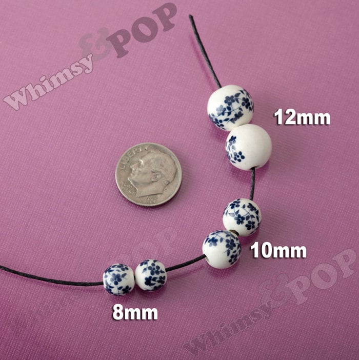 Porcelain Beads, 8mm Beads, 10mm Beads, 12mm Beads, Navy Blue & White Floral Porcelain Round Beads, Flower Beads, Floral Beads