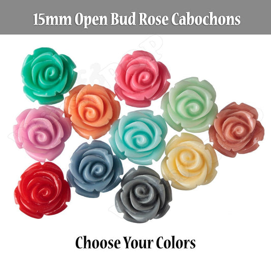15MM Open Bud Rose Cabochons, Rose Flower Cabochons, Flat Back, Resin Flower Cabochons, Red Pink Peach Yellow Orange Blue Green White Black