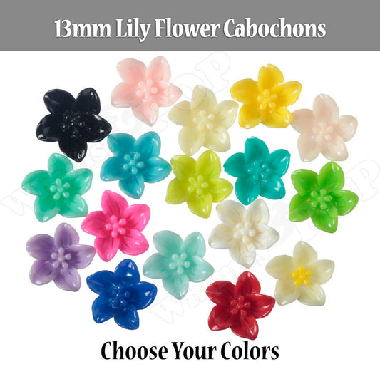 13MM Lily Flower Cabochons, Resin Flowers, Flatback Resins, Flower Cabochons, Lily Cabochons, Red Pink White Black Blue Yellow Green Purple
