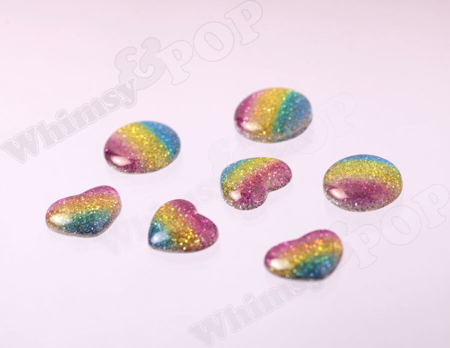 16mm Rainbow Glitter Heart Cabochons
