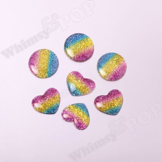 16mm Rainbow Glitter Heart Cabochons or Round Resin Flatback Cabochons, Heart, Round Glitter Button Cabochon