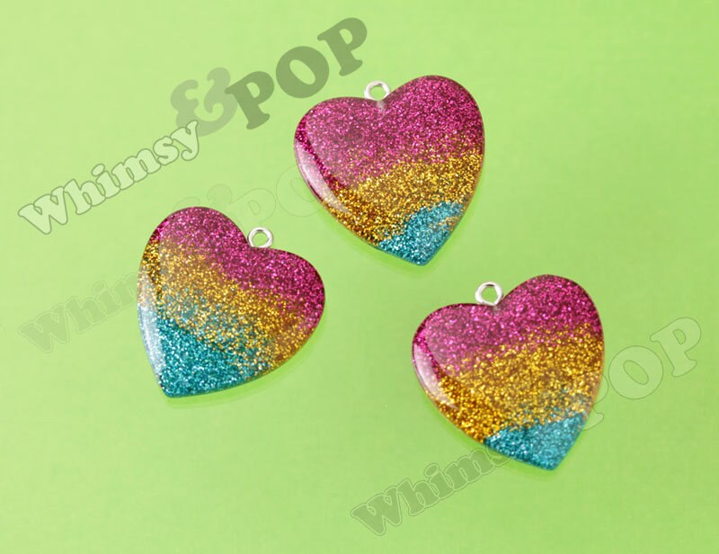 Glitter Heart Rainbow Pendants in a Pastel Rainbow Resin, 30mm