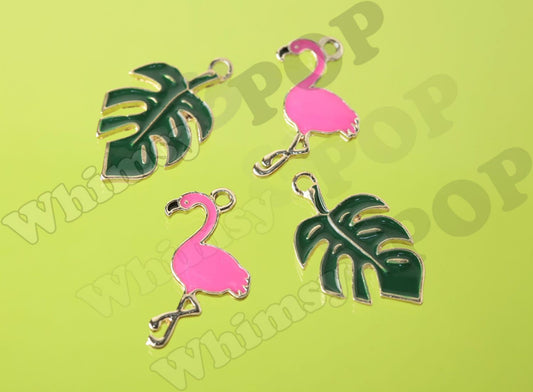 Gold Tone Flamingo Bird Charm and Monstera Leaf Charm