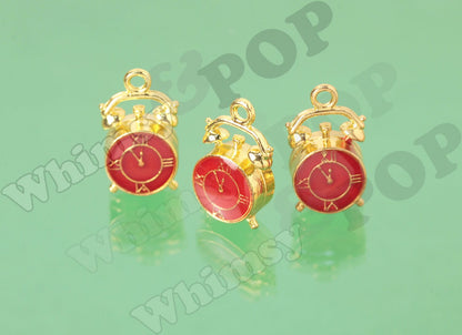 Cute Alarm Clock Charms, Gold Tone Black Red Cream Face Enamel Clock Charms