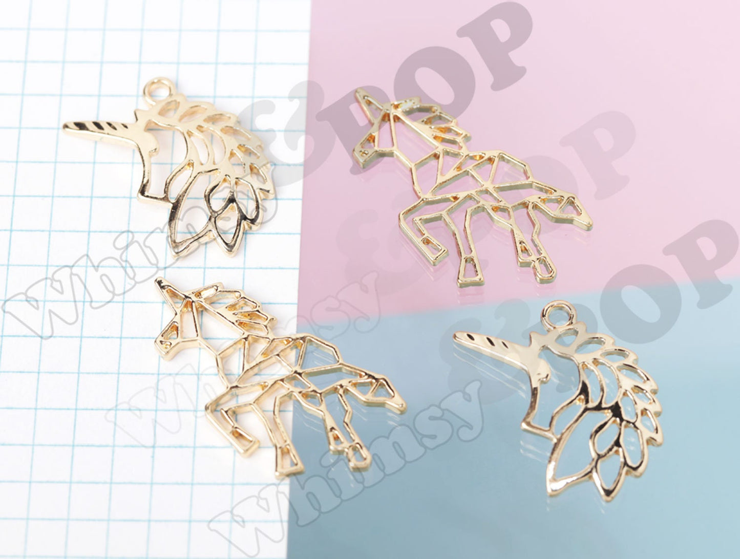Origami Outline Gold Unicorn Charms, Gold Tone Pegasus Charm (R9-013)