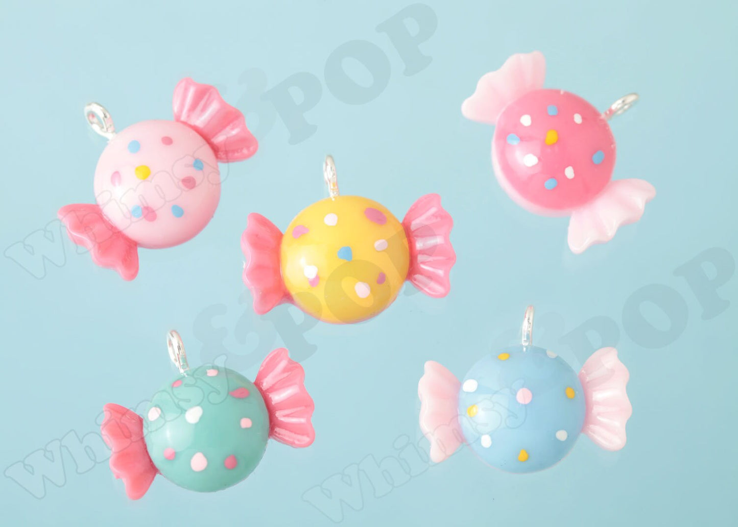 NEW Pastel Sweet Wrapped Candy Blue Teal Yellow Pink Resin Charms or Cabochons, Polka Dot Wrapped Candy Cabochons, 22mm x 13mm (R6-090)
