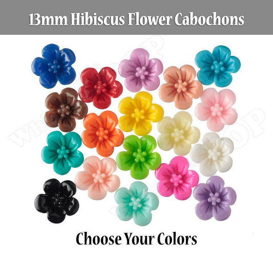 13MM Hibiscus Flower Cabochons, Flat Back Hibiscus Cabochon, Flatback Flowers, Slime, Red Pink Peach Yellow Orange Blue Green White Black