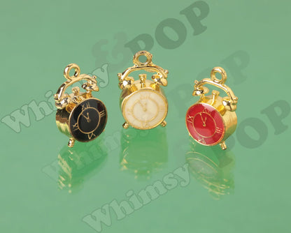 Cute Alarm Clock Charms, Gold Tone Black Red Cream Face Enamel Clock Charms