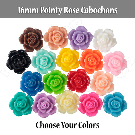16MM Pointy Rose Flower Cabochons, Choose Your Colors, Rose Shaped, Rose Cabochons, Red Pink Black White Flatback Embellishments (R3-117)
