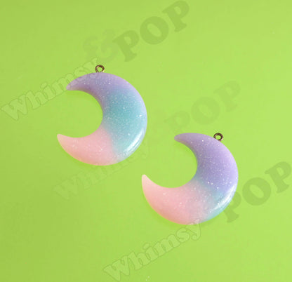 Resin Rainbow Glitter Crescent Moon Charm Pendant, 44mm