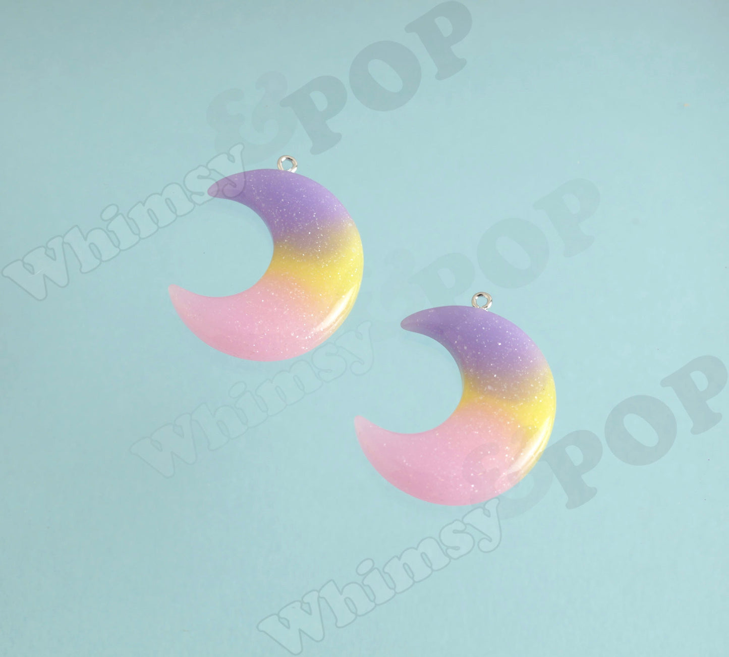 Resin Rainbow Glitter Crescent Moon Charm Pendant, 44mm