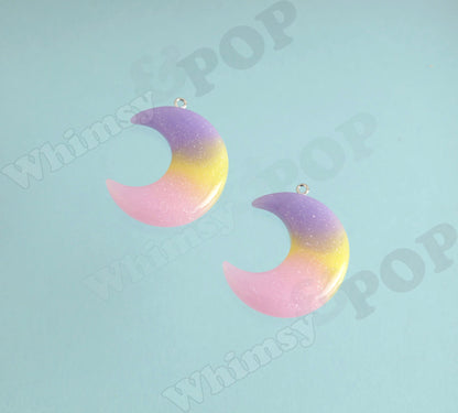 Resin Rainbow Glitter Crescent Moon Charm Pendant, 44mm