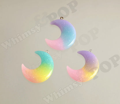 Resin Rainbow Glitter Crescent Moon Charm Pendant, 44mm