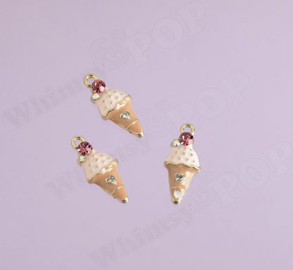 Ice Cream Cone Enamel Crystal Kawaii Charm, 23mm
