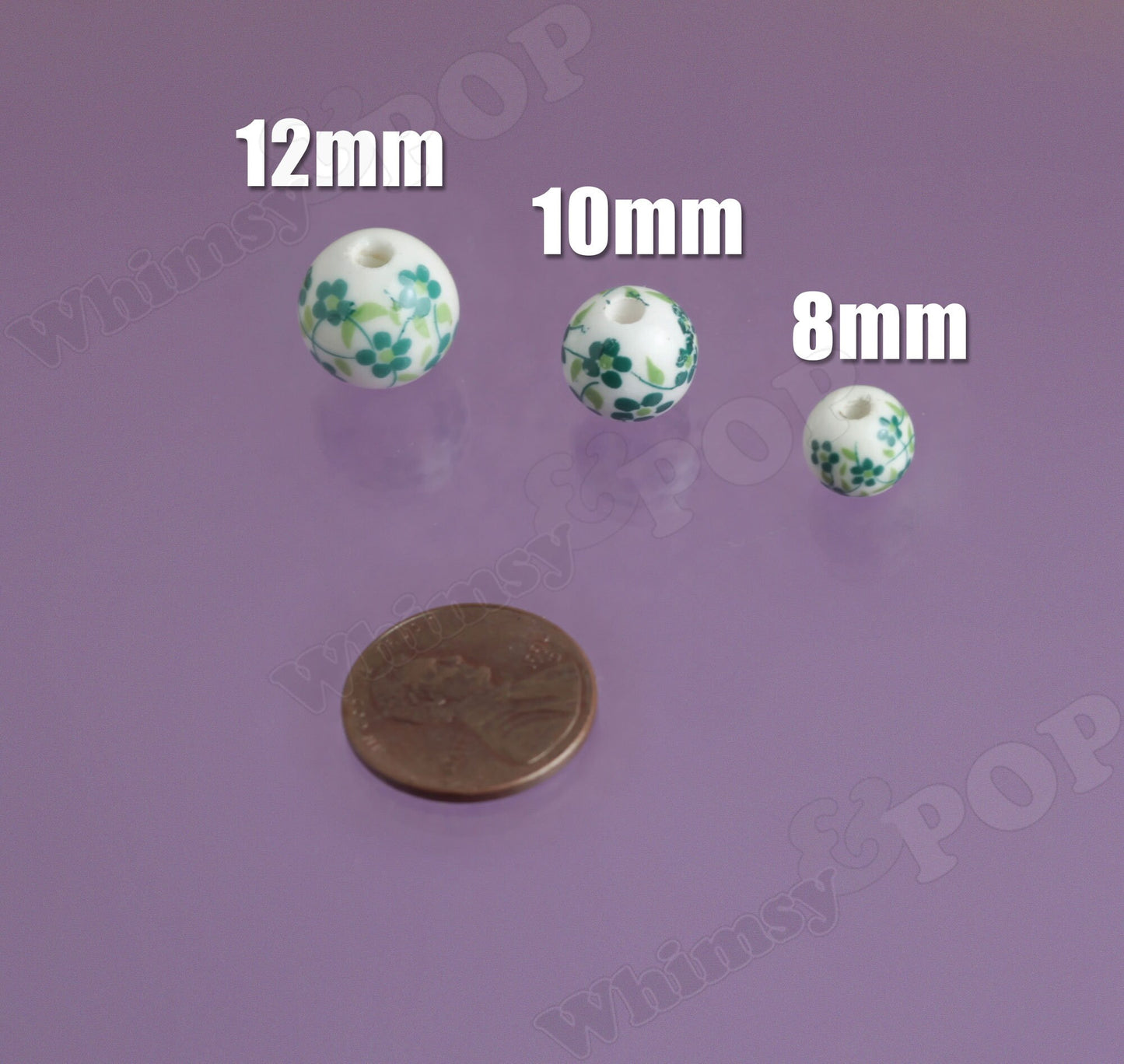Green Floral Porcelain Round Beads, 8mm Beads, 10mm Beads, 12mm Beads, Porcelain Beads, Flower Patterned Beads, 12mm, 3mm Hole (R8-073)