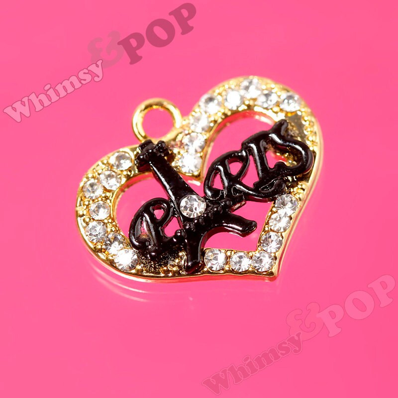 I Heart Paris Charm, Gold Tone Black Love Charm, (1-3A)