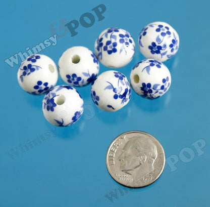 Ocean Blue Floral Porcelain Round Beads, Porcelain Beads, Flower Patterned Beads, 8mm or 12mm, 3mm Hole