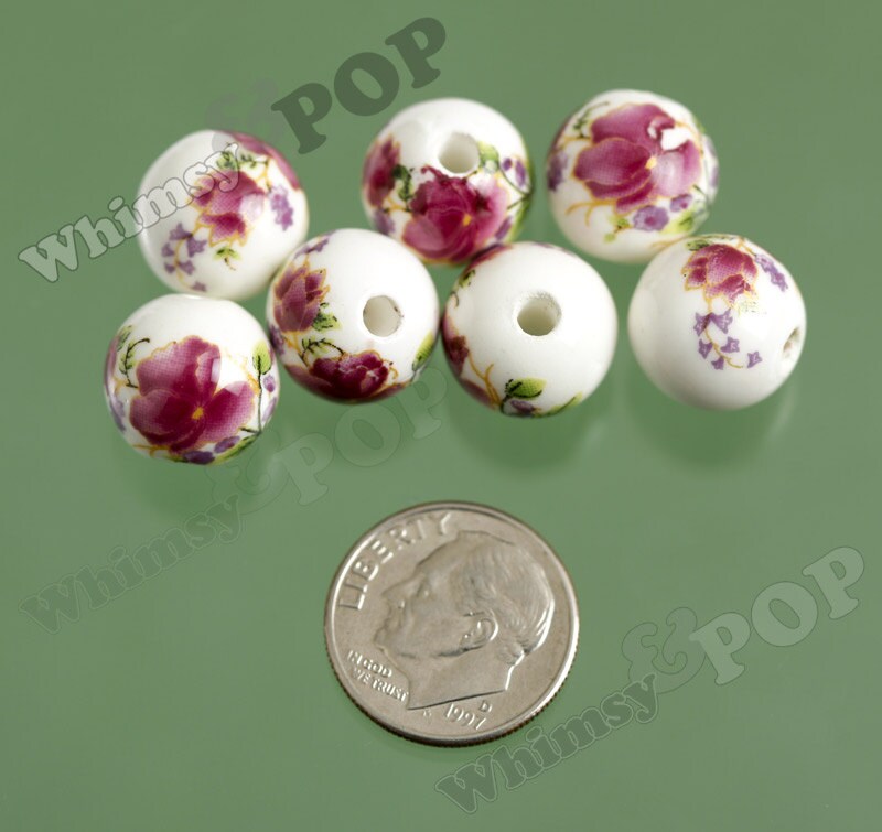 12mm Purple Floral Porcelain Round Beads, Porcelain Beads, 12mm, 2.5mm Hole (R8-090)
