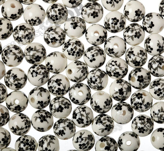 Black & White Floral Porcelain Round Beads, Flower Beads, Porcelain Beads, Floral Beads 8mm 10mm or 12mm, Hole 2 - 3mm  (R8-086)