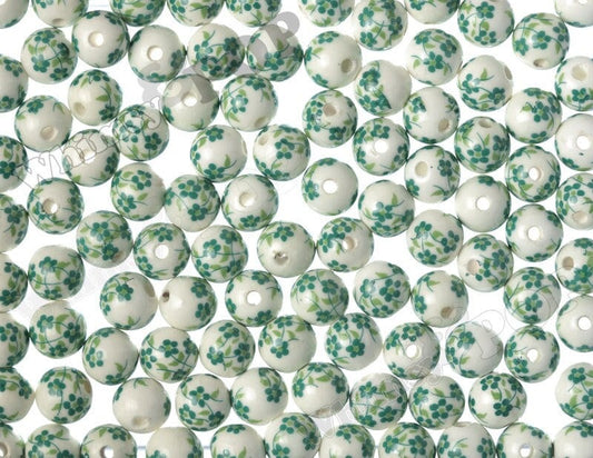 Green Floral Porcelain Round Beads, 8mm Beads, 10mm Beads, 12mm Beads, Porcelain Beads, Flower Patterned Beads, 12mm, 3mm Hole (R8-073)
