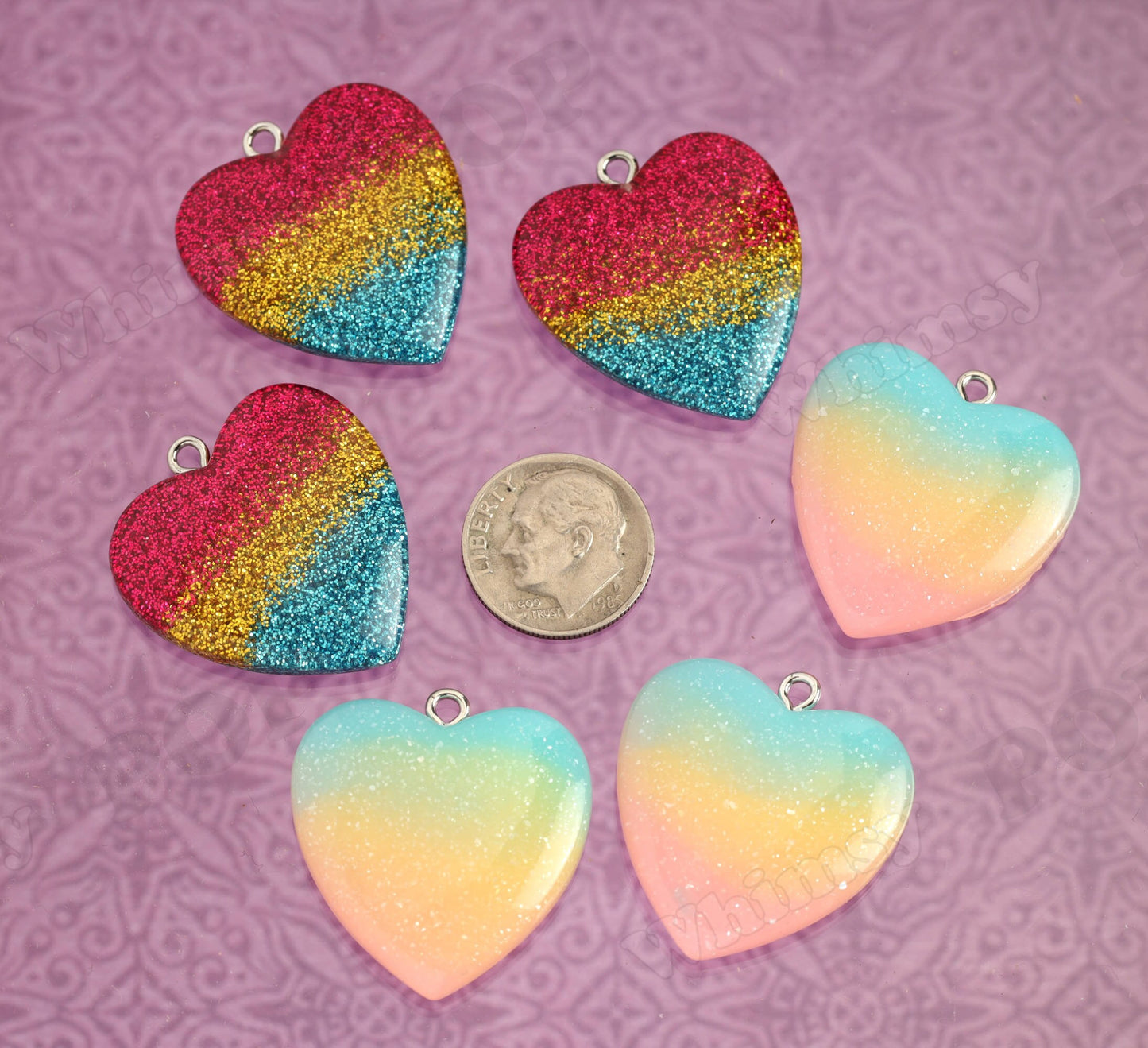 Glitter Heart Rainbow Pendants in a Pastel Rainbow Resin, 30mm