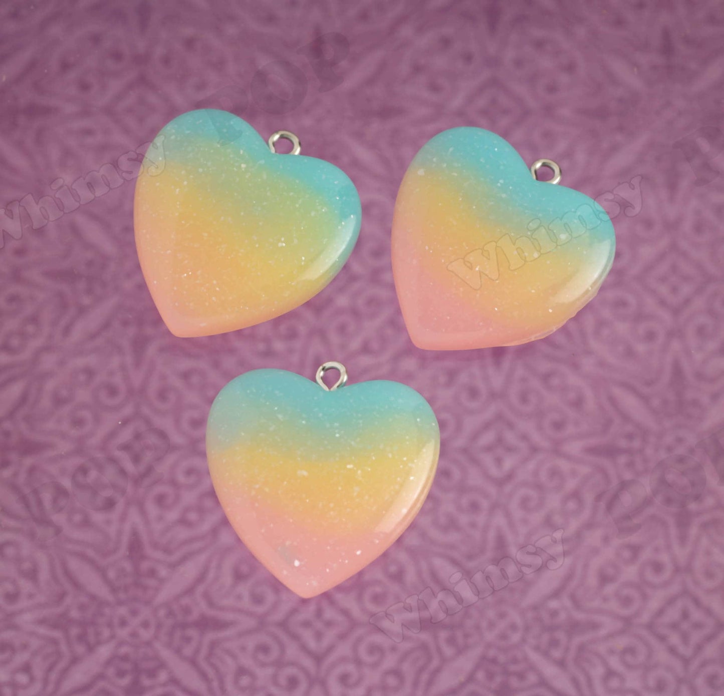 Glitter Heart Rainbow Pendants in a Pastel Rainbow Resin, 30mm