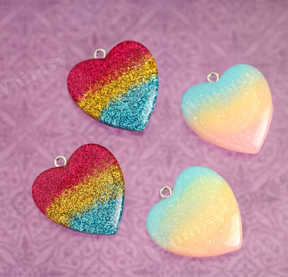 Glitter Heart Rainbow Pendants in a Pastel Rainbow Resin, 30mm