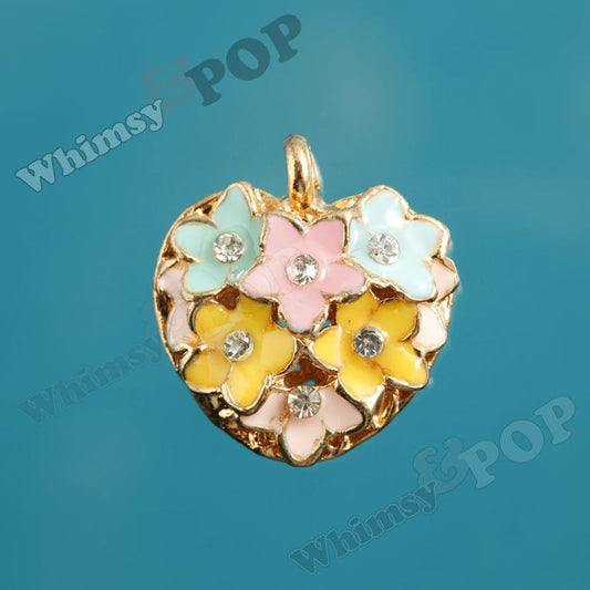 3D Gold Tone Heart Rhinestone Charm with Flowers, 19mm (6-1G)