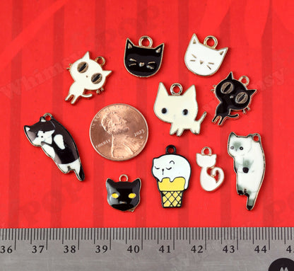 Cute Kitty Cat Charm Collection, Gold Tone Enamel Black and White Cat Charms