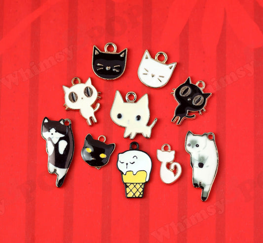 Cute Kitty Cat Charm Collection, Gold Tone Enamel Black and White Cat Charms