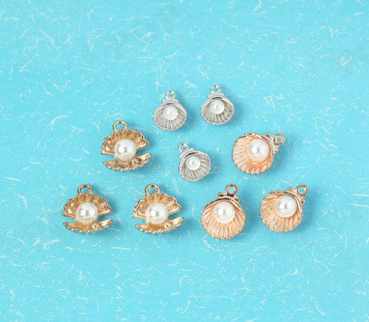 3-D Silver and Gold Tone Beach Oyster Clam Shell Pearl Charm 15mm