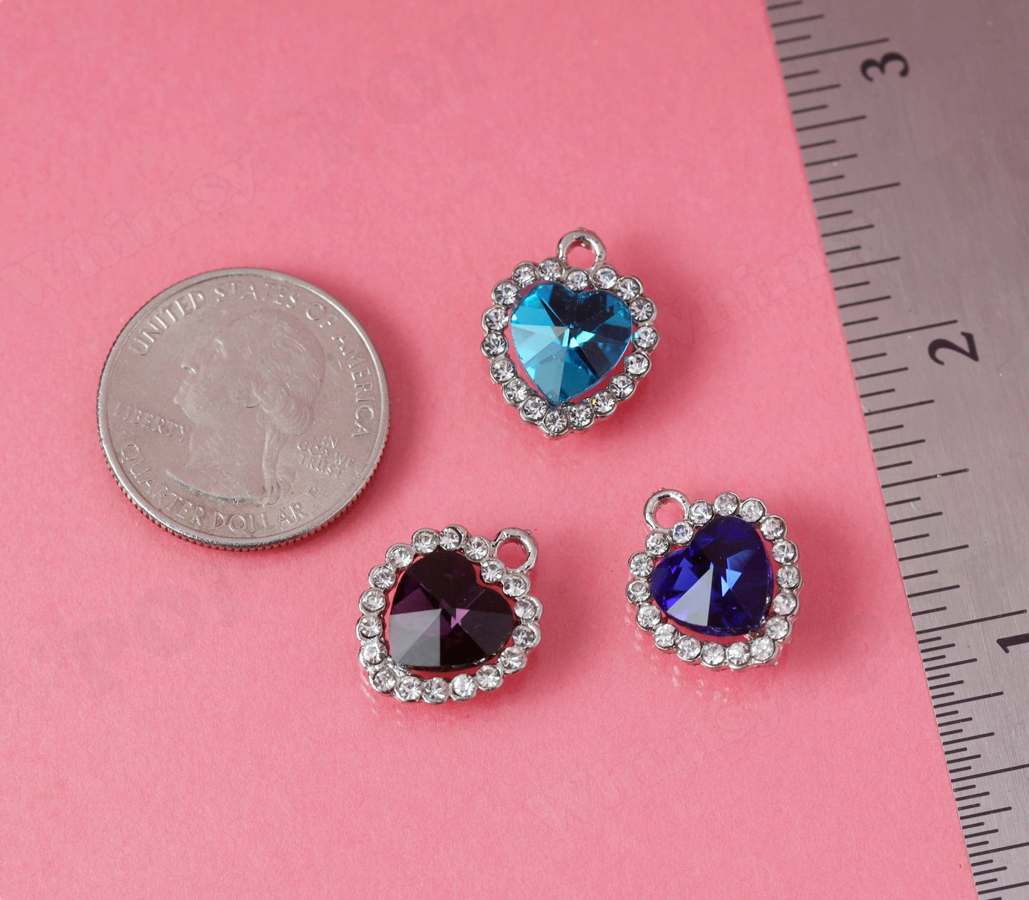 Small Royal Blue Cerulean Blue or Purple Pendant Love Heart Rhinestone Charms 18mm
