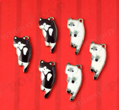 Cute Kitty Cat Charm Collection, Gold Tone Enamel Black and White Cat Charms