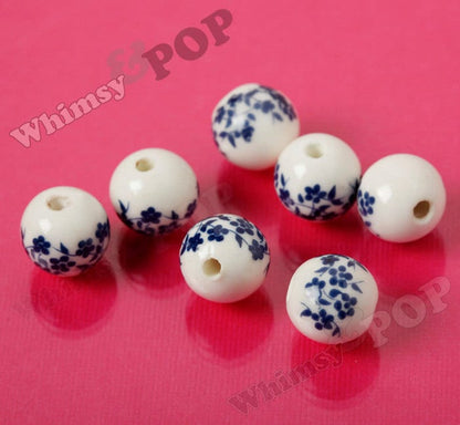 Porcelain Beads, 8mm Beads, 10mm Beads, 12mm Beads, Navy Blue & White Floral Porcelain Round Beads, Flower Beads, Floral Beads