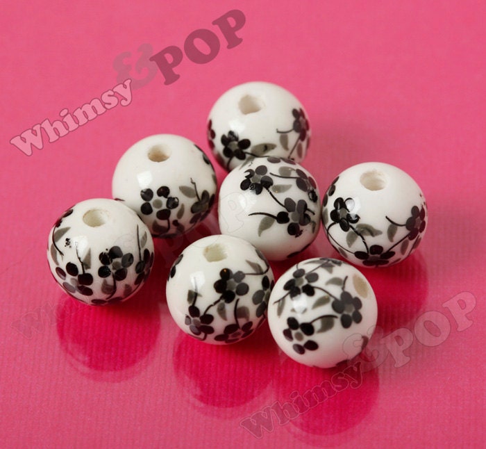 Black & White Floral Porcelain Round Beads, Flower Beads, Porcelain Beads, Floral Beads 8mm 10mm or 12mm, Hole 2 - 3mm  (R8-086)