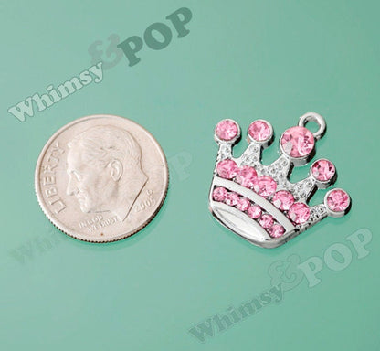 Royalty Princess Pink Crown Pendant, Rhinestone Crystal Silver Tone Charm, 20mm (1-6C)